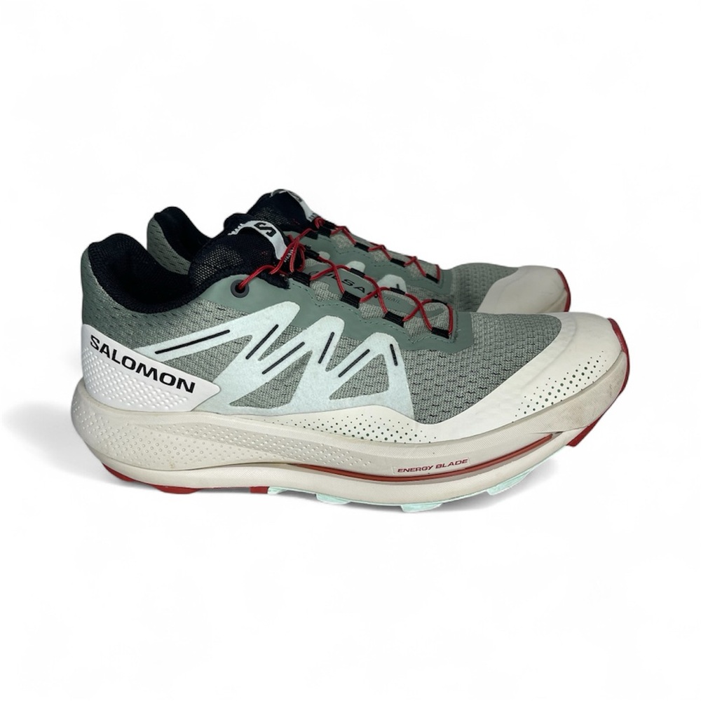 Salomon Pulsar Trail Shoes in Green and White with Red Highlights